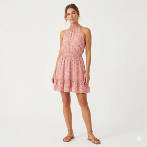 Merokeety Pink Ditsy Floral Halter Smocked Waist Ruffle Mini Summer Sundress NWT